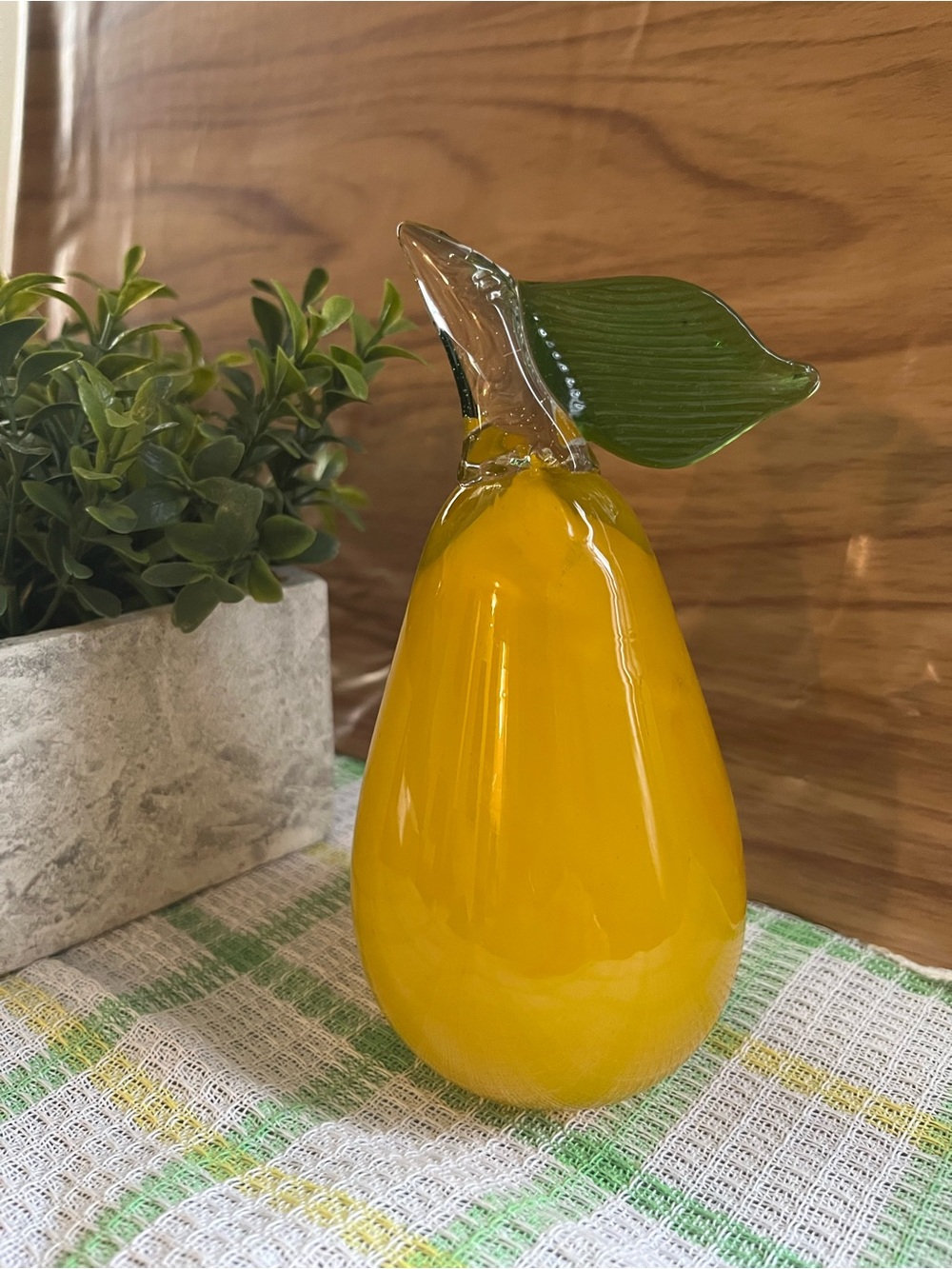Vintage Yellow Glass Pear Sculpture with Green Leaf